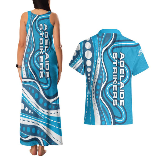 Adelaide Strikers Couples Matching Tank Maxi Dress and Hawaiian Shirt Aboriginal Dot Art Cyan Blue - Tribal Wave Pattern