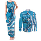 Adelaide Strikers Couples Matching Tank Maxi Dress and Long Sleeve Button Shirt Aboriginal Dot Art Cyan Blue - Tribal Wave Pattern