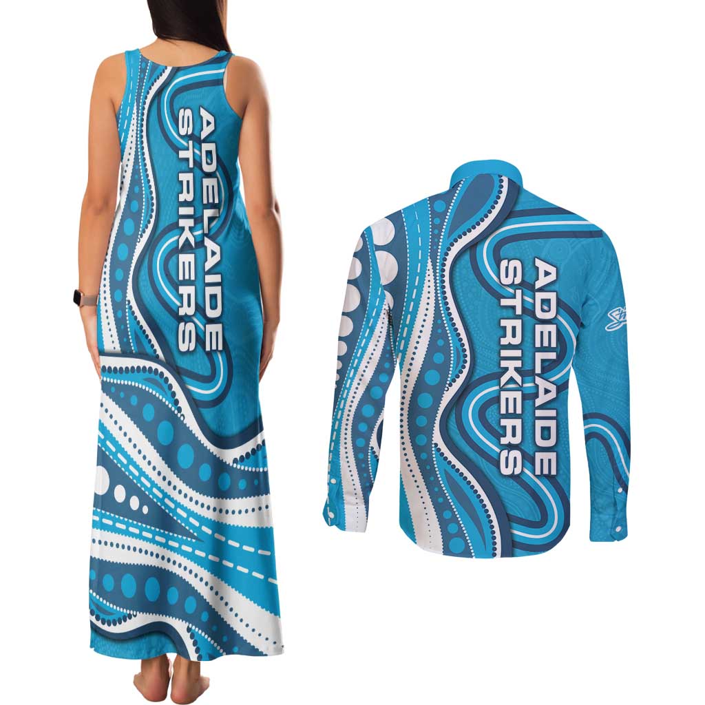 Adelaide Strikers Couples Matching Tank Maxi Dress and Long Sleeve Button Shirt Aboriginal Dot Art Cyan Blue - Tribal Wave Pattern