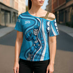 Adelaide Strikers Cross Shoulder Shirt Aboriginal Dot Art Cyan Blue - Tribal Wave Pattern