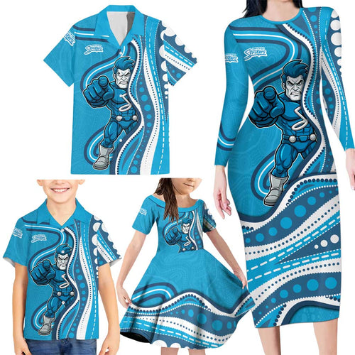 Adelaide Strikers Family Matching Long Sleeve Bodycon Dress and Hawaiian Shirt Aboriginal Dot Art Cyan Blue - Tribal Wave Pattern
