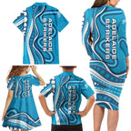 Adelaide Strikers Family Matching Long Sleeve Bodycon Dress and Hawaiian Shirt Aboriginal Dot Art Cyan Blue - Tribal Wave Pattern