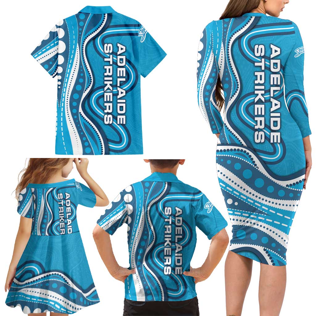 Adelaide Strikers Family Matching Long Sleeve Bodycon Dress and Hawaiian Shirt Aboriginal Dot Art Cyan Blue - Tribal Wave Pattern