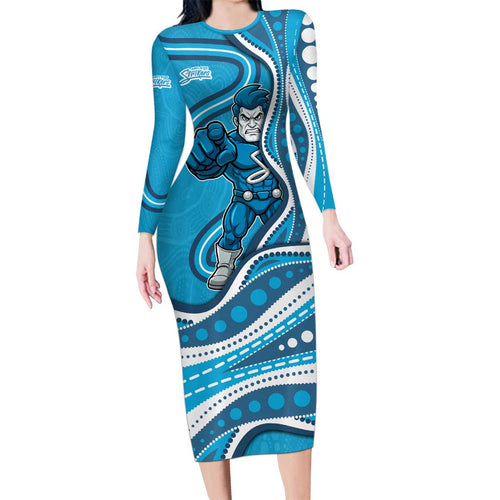 Adelaide Strikers Family Matching Long Sleeve Bodycon Dress and Hawaiian Shirt Aboriginal Dot Art Cyan Blue - Tribal Wave Pattern