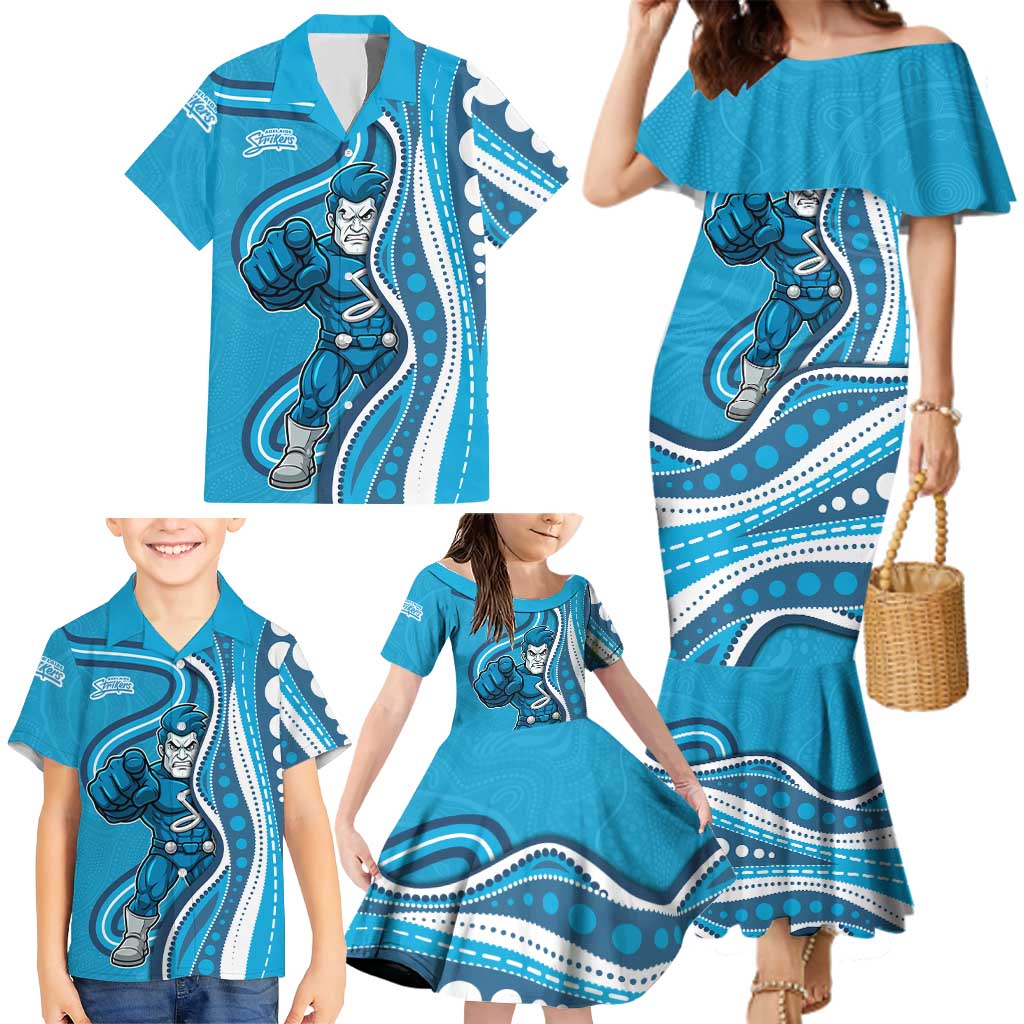Adelaide Strikers Family Matching Mermaid Dress and Hawaiian Shirt Aboriginal Dot Art Cyan Blue - Tribal Wave Pattern