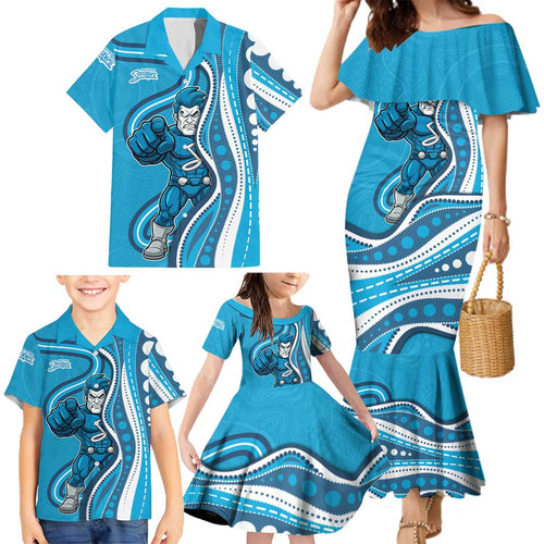 Adelaide Strikers Family Matching Mermaid Dress and Hawaiian Shirt Aboriginal Dot Art Cyan Blue - Tribal Wave Pattern