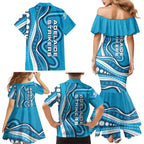 Adelaide Strikers Family Matching Mermaid Dress and Hawaiian Shirt Aboriginal Dot Art Cyan Blue - Tribal Wave Pattern