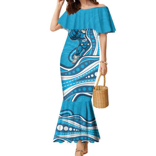 Adelaide Strikers Family Matching Mermaid Dress and Hawaiian Shirt Aboriginal Dot Art Cyan Blue - Tribal Wave Pattern