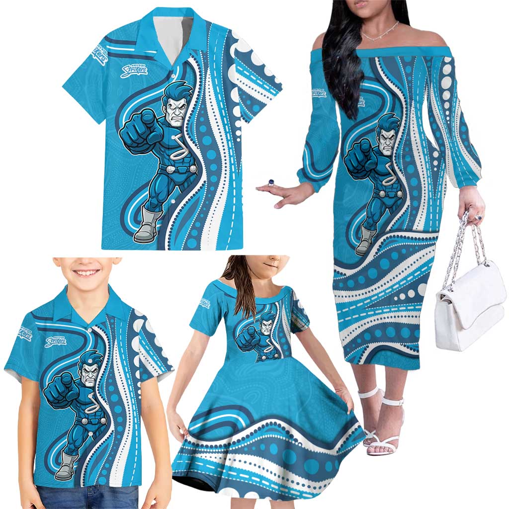 Adelaide Strikers Family Matching Off The Shoulder Long Sleeve Dress and Hawaiian Shirt Aboriginal Dot Art Cyan Blue - Tribal Wave Pattern