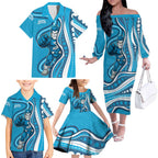 Adelaide Strikers Family Matching Off The Shoulder Long Sleeve Dress and Hawaiian Shirt Aboriginal Dot Art Cyan Blue - Tribal Wave Pattern