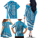 Adelaide Strikers Family Matching Off The Shoulder Long Sleeve Dress and Hawaiian Shirt Aboriginal Dot Art Cyan Blue - Tribal Wave Pattern