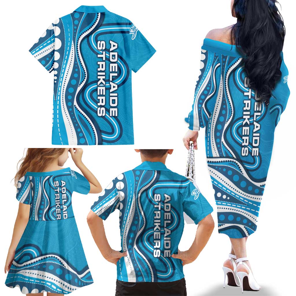 Adelaide Strikers Family Matching Off The Shoulder Long Sleeve Dress and Hawaiian Shirt Aboriginal Dot Art Cyan Blue - Tribal Wave Pattern