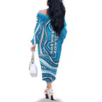 Adelaide Strikers Family Matching Off The Shoulder Long Sleeve Dress and Hawaiian Shirt Aboriginal Dot Art Cyan Blue - Tribal Wave Pattern