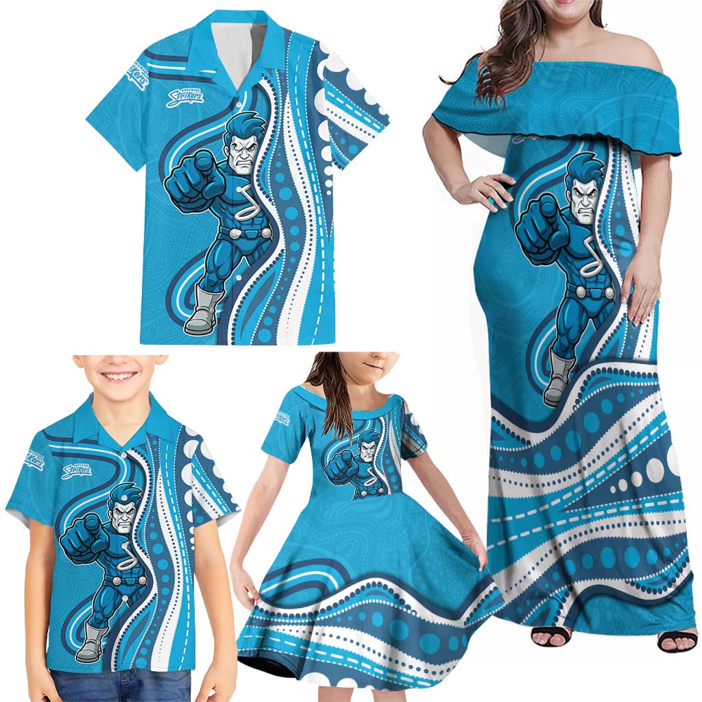 Adelaide Strikers Family Matching Off Shoulder Maxi Dress and Hawaiian Shirt Aboriginal Dot Art Cyan Blue - Tribal Wave Pattern