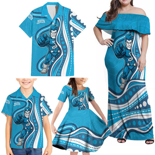 Adelaide Strikers Family Matching Off Shoulder Maxi Dress and Hawaiian Shirt Aboriginal Dot Art Cyan Blue - Tribal Wave Pattern
