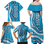 Adelaide Strikers Family Matching Off Shoulder Maxi Dress and Hawaiian Shirt Aboriginal Dot Art Cyan Blue - Tribal Wave Pattern