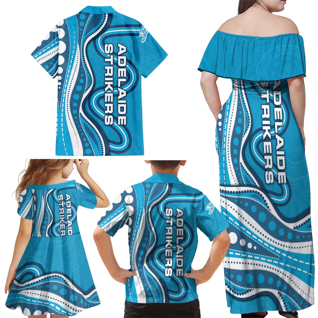 Adelaide Strikers Family Matching Off Shoulder Maxi Dress and Hawaiian Shirt Aboriginal Dot Art Cyan Blue - Tribal Wave Pattern