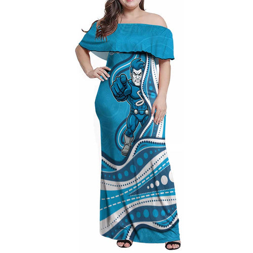 Adelaide Strikers Family Matching Off Shoulder Maxi Dress and Hawaiian Shirt Aboriginal Dot Art Cyan Blue - Tribal Wave Pattern