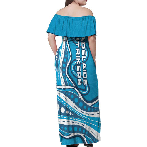 Adelaide Strikers Family Matching Off Shoulder Maxi Dress and Hawaiian Shirt Aboriginal Dot Art Cyan Blue - Tribal Wave Pattern