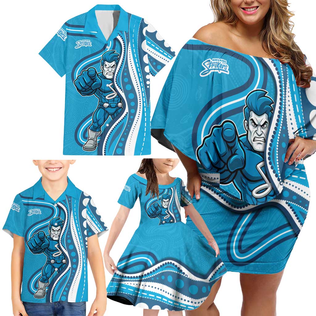 Adelaide Strikers Family Matching Off Shoulder Short Dress and Hawaiian Shirt Aboriginal Dot Art Cyan Blue - Tribal Wave Pattern