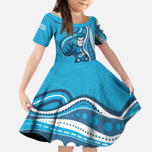 Adelaide Strikers Family Matching Off Shoulder Short Dress and Hawaiian Shirt Aboriginal Dot Art Cyan Blue - Tribal Wave Pattern