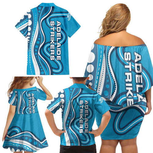 Adelaide Strikers Family Matching Off Shoulder Short Dress and Hawaiian Shirt Aboriginal Dot Art Cyan Blue - Tribal Wave Pattern