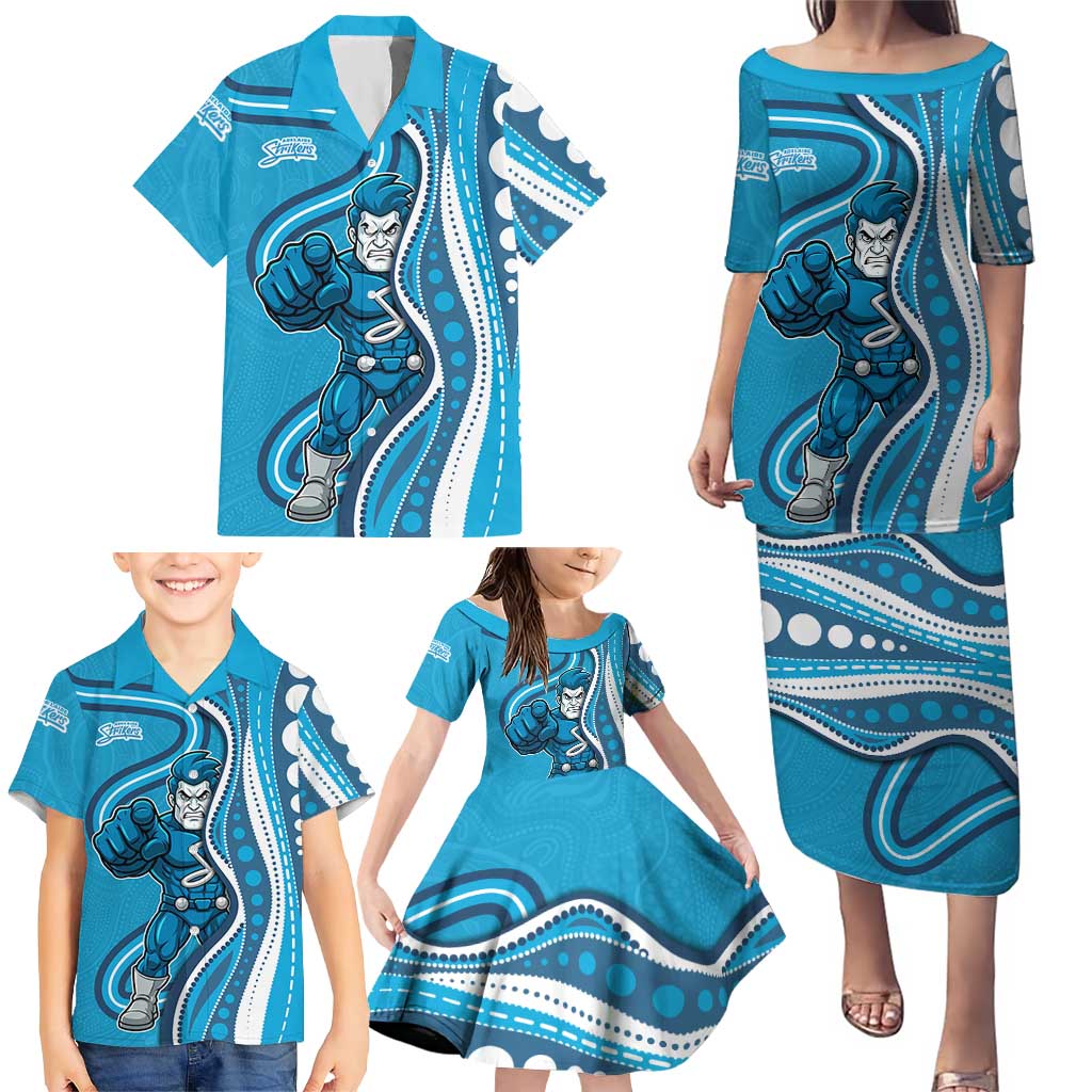 Adelaide Strikers Family Matching Puletasi and Hawaiian Shirt Aboriginal Dot Art Cyan Blue - Tribal Wave Pattern