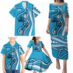 Adelaide Strikers Family Matching Puletasi and Hawaiian Shirt Aboriginal Dot Art Cyan Blue - Tribal Wave Pattern