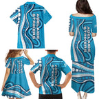Adelaide Strikers Family Matching Puletasi and Hawaiian Shirt Aboriginal Dot Art Cyan Blue - Tribal Wave Pattern