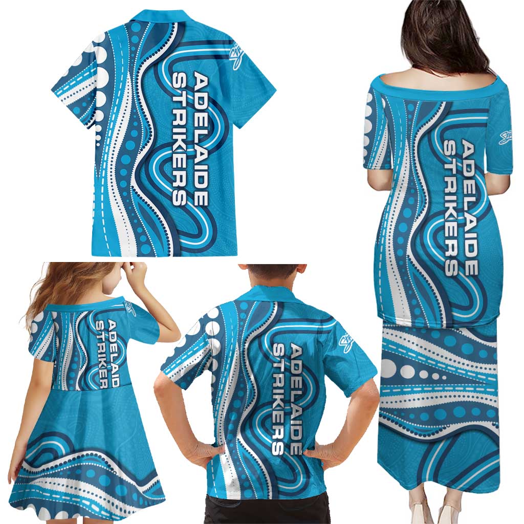 Adelaide Strikers Family Matching Puletasi and Hawaiian Shirt Aboriginal Dot Art Cyan Blue - Tribal Wave Pattern