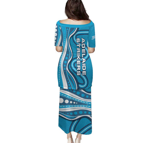 Adelaide Strikers Family Matching Puletasi and Hawaiian Shirt Aboriginal Dot Art Cyan Blue - Tribal Wave Pattern