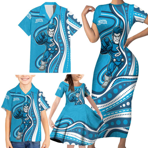 Adelaide Strikers Family Matching Short Sleeve Bodycon Dress and Hawaiian Shirt Aboriginal Dot Art Cyan Blue - Tribal Wave Pattern
