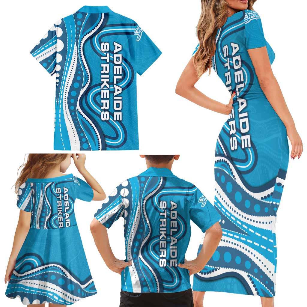Adelaide Strikers Family Matching Short Sleeve Bodycon Dress and Hawaiian Shirt Aboriginal Dot Art Cyan Blue - Tribal Wave Pattern