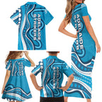 Adelaide Strikers Family Matching Short Sleeve Bodycon Dress and Hawaiian Shirt Aboriginal Dot Art Cyan Blue - Tribal Wave Pattern