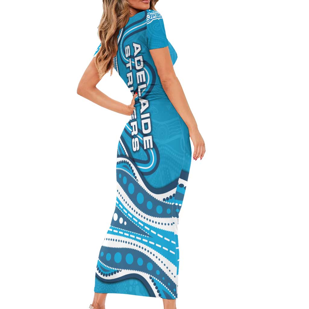 Adelaide Strikers Family Matching Short Sleeve Bodycon Dress and Hawaiian Shirt Aboriginal Dot Art Cyan Blue - Tribal Wave Pattern