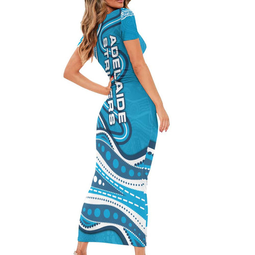 Adelaide Strikers Family Matching Short Sleeve Bodycon Dress and Hawaiian Shirt Aboriginal Dot Art Cyan Blue - Tribal Wave Pattern