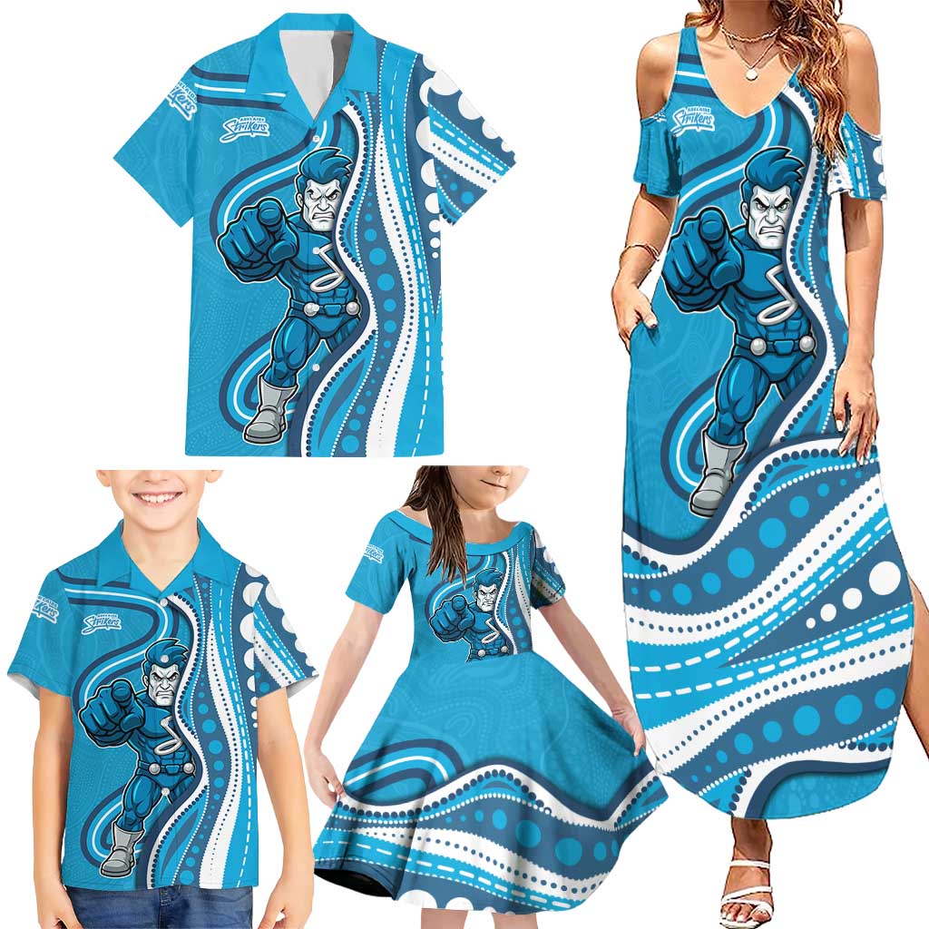 Adelaide Strikers Family Matching Summer Maxi Dress and Hawaiian Shirt Aboriginal Dot Art Cyan Blue - Tribal Wave Pattern