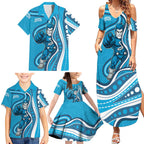 Adelaide Strikers Family Matching Summer Maxi Dress and Hawaiian Shirt Aboriginal Dot Art Cyan Blue - Tribal Wave Pattern