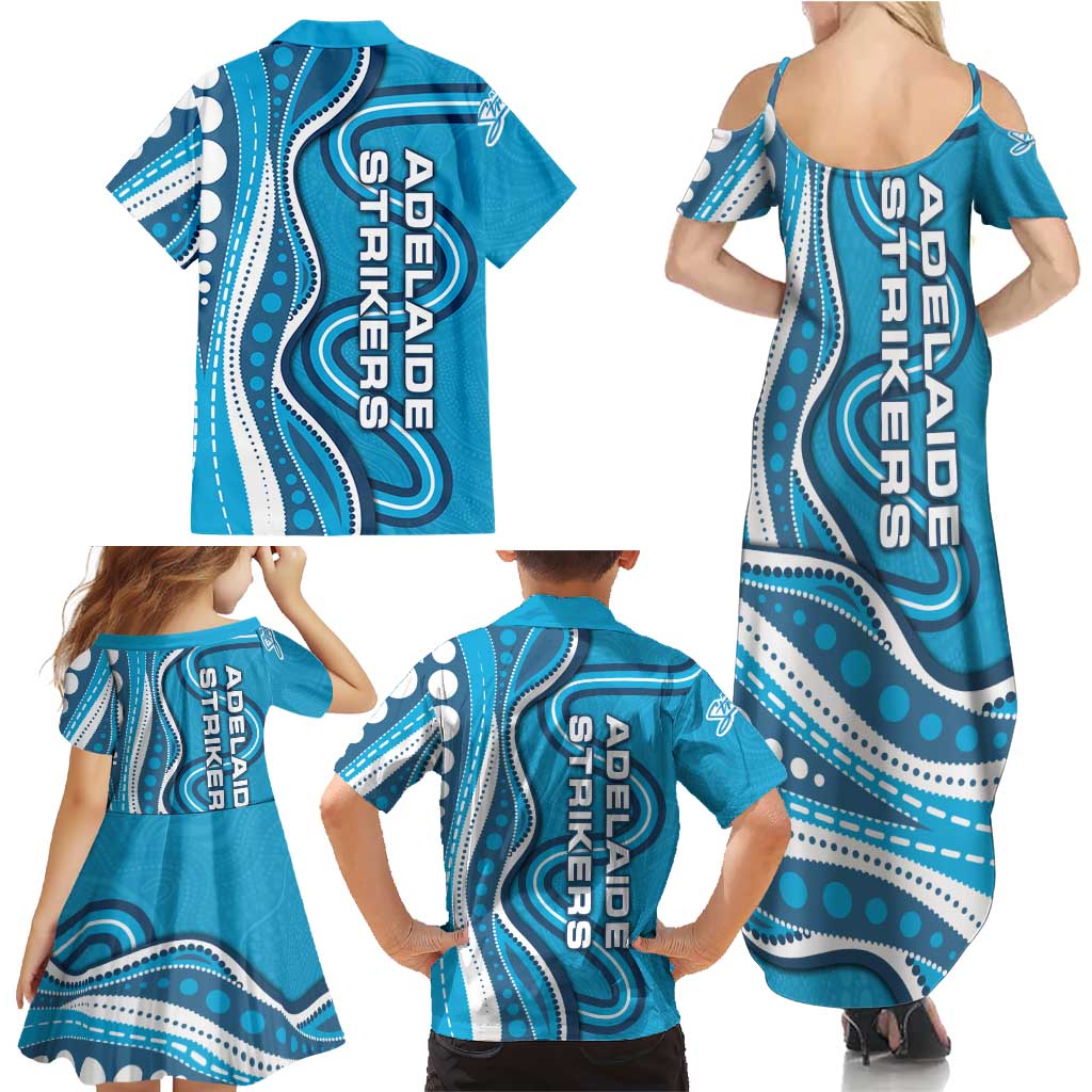 Adelaide Strikers Family Matching Summer Maxi Dress and Hawaiian Shirt Aboriginal Dot Art Cyan Blue - Tribal Wave Pattern