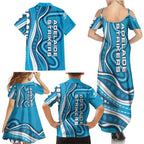 Adelaide Strikers Family Matching Summer Maxi Dress and Hawaiian Shirt Aboriginal Dot Art Cyan Blue - Tribal Wave Pattern