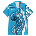 Adelaide Strikers Family Matching Summer Maxi Dress and Hawaiian Shirt Aboriginal Dot Art Cyan Blue - Tribal Wave Pattern