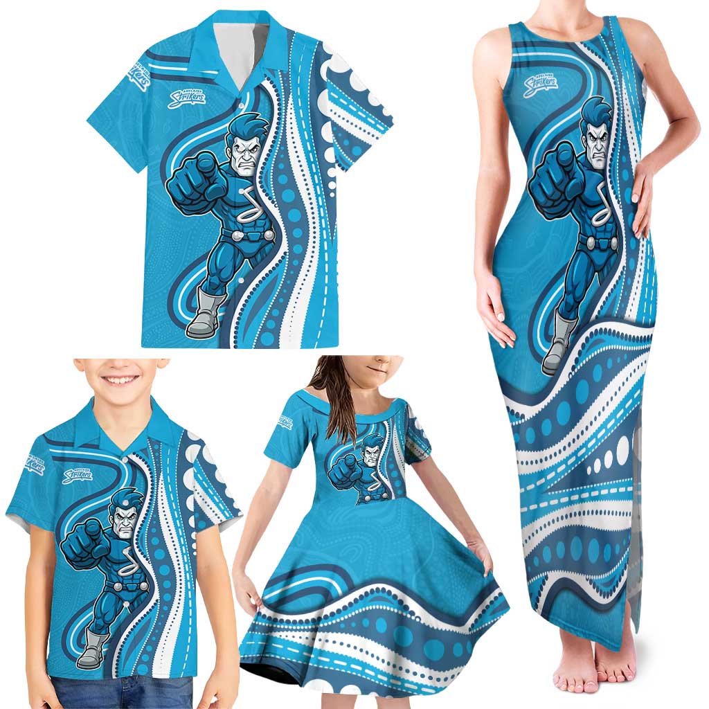 Adelaide Strikers Family Matching Tank Maxi Dress and Hawaiian Shirt Aboriginal Dot Art Cyan Blue - Tribal Wave Pattern