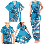 Adelaide Strikers Family Matching Tank Maxi Dress and Hawaiian Shirt Aboriginal Dot Art Cyan Blue - Tribal Wave Pattern