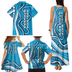 Adelaide Strikers Family Matching Tank Maxi Dress and Hawaiian Shirt Aboriginal Dot Art Cyan Blue - Tribal Wave Pattern