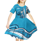 Adelaide Strikers Kid Short Sleeve Dress Aboriginal Dot Art Cyan Blue - Tribal Wave Pattern