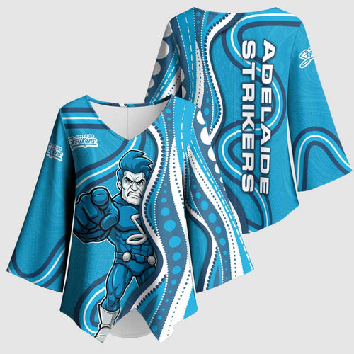 Adelaide Strikers Kimono Sleeve Blouse Aboriginal Dot Art Cyan Blue - Tribal Wave Pattern