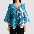 Adelaide Strikers Kimono Sleeve Blouse Aboriginal Dot Art Cyan Blue - Tribal Wave Pattern