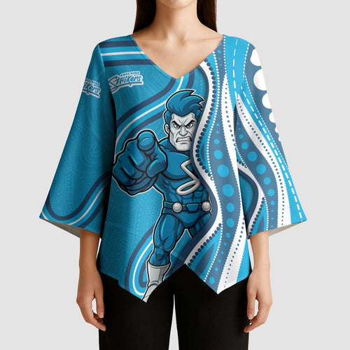 Adelaide Strikers Kimono Sleeve Blouse Aboriginal Dot Art Cyan Blue - Tribal Wave Pattern
