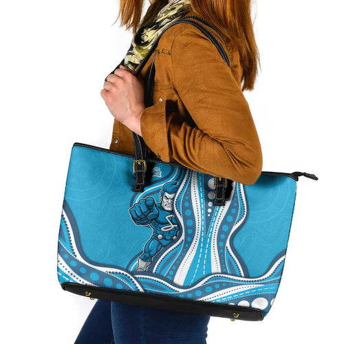 Adelaide Strikers Leather Tote Bag Aboriginal Dot Art Cyan Blue - Tribal Wave Pattern
