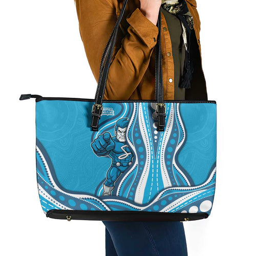 Adelaide Strikers Leather Tote Bag Aboriginal Dot Art Cyan Blue - Tribal Wave Pattern
